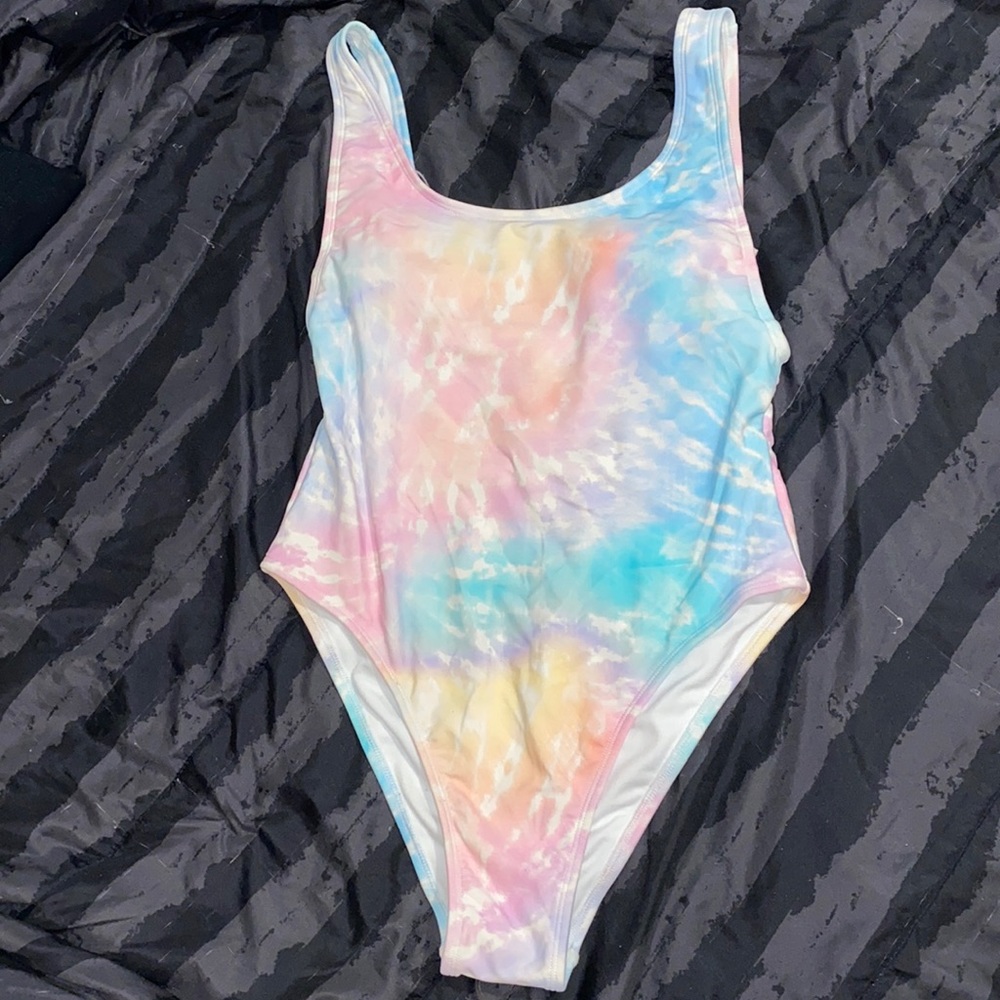 Tie dye rainbow colored one piece bathing suit